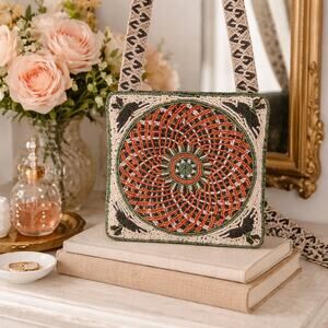 Christiana Fully Beaded Square Crossbody Bag 7" x 7" BOHO Multicolor EUC